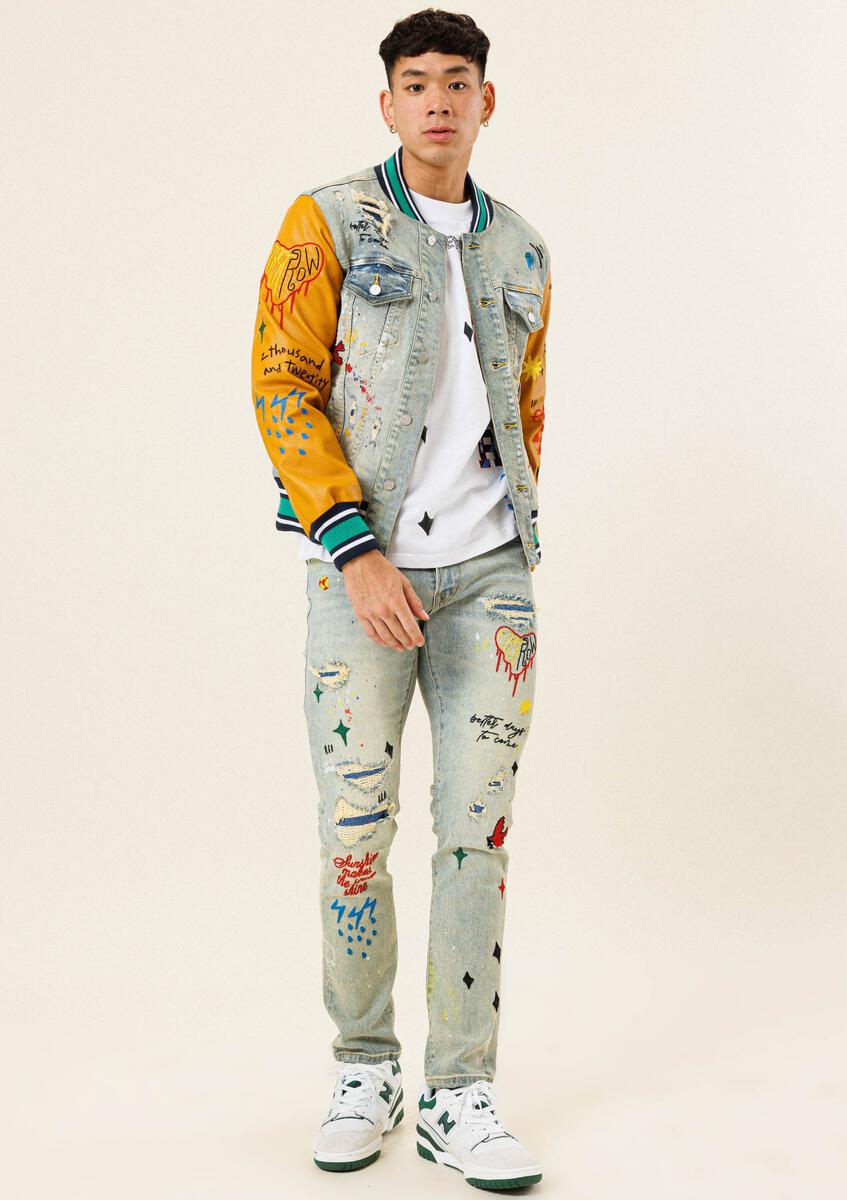 All Over Embroidered Varsity Denim Jacket