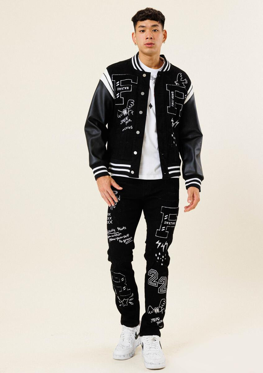 Multi-Patch Varsity Black Denim Jacket