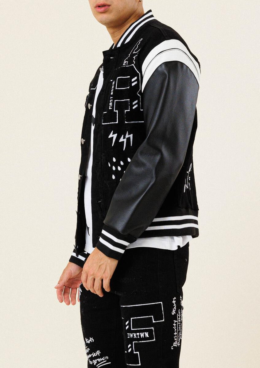 Multi-Patch Varsity Black Denim Jacket