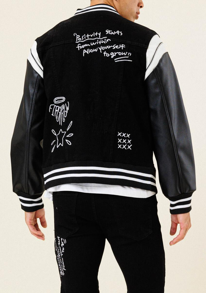 Multi-Patch Varsity Black Denim Jacket