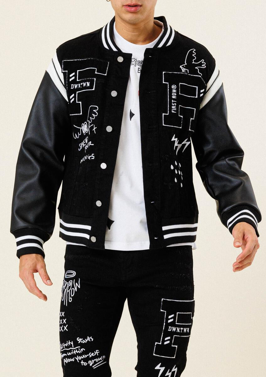 Multi-Patch Varsity Black Denim Jacket