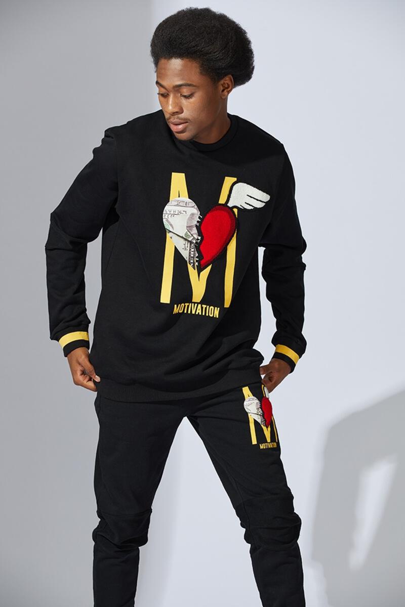 Fifth Loop "Motivation" M &amp; Heart Graphic Embroidery Print Crewneck Sweatshirt