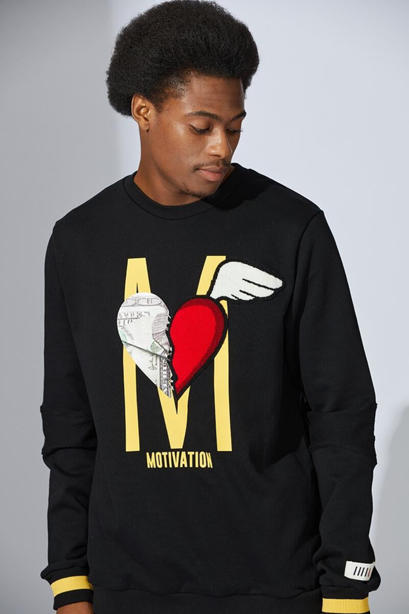 Fifth Loop "Motivation" M &amp; Heart Graphic Embroidery Print Crewneck Sweatshirt