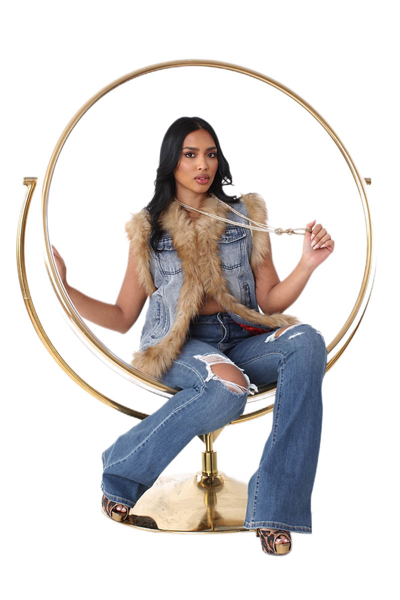 For Her Denim Vest With Fur