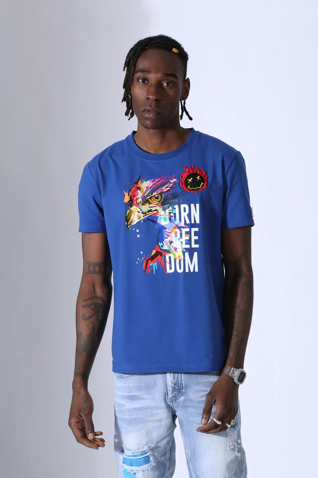 Fifth Loop "Born Freedom" Print Embroidery Crew Neck T-Shirt