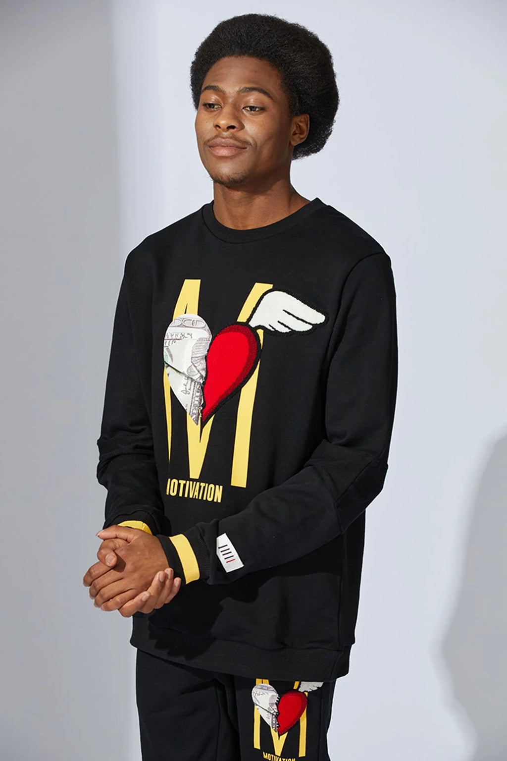 Fifth Loop "Motivation" M &amp; Heart Graphic Embroidery Print Crewneck Sweatshirt