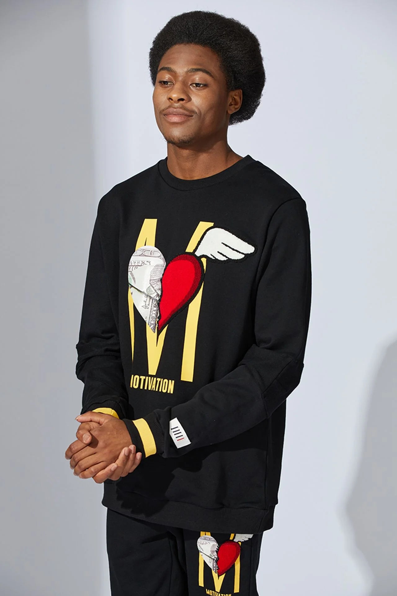 Fifth Loop "Motivation" M &amp; Heart Graphic Embroidery Print Crewneck Sweatshirt