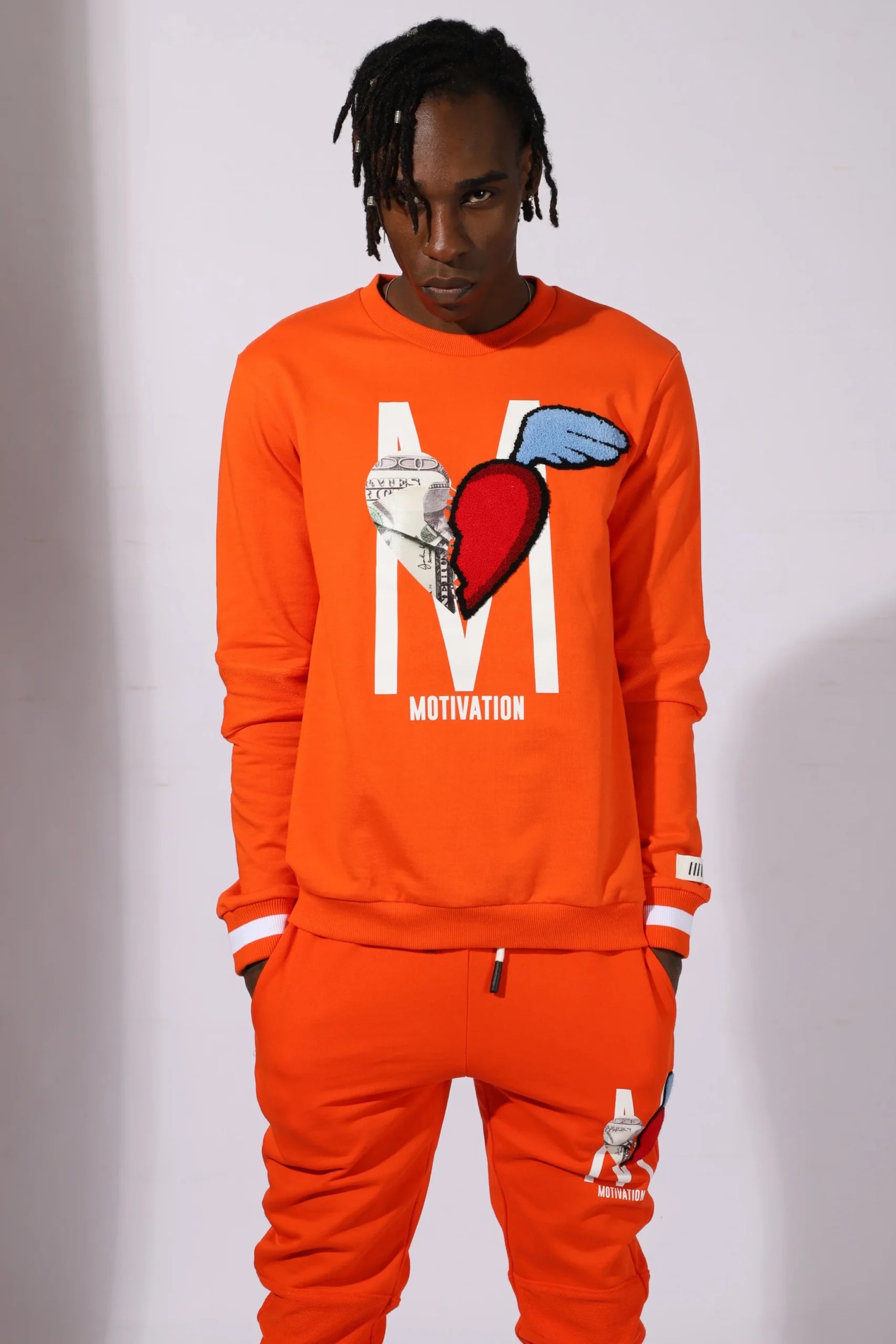 Fifth Loop "Motivation" M &amp; Heart Graphic Embroidery Print Crewneck Sweatshirt