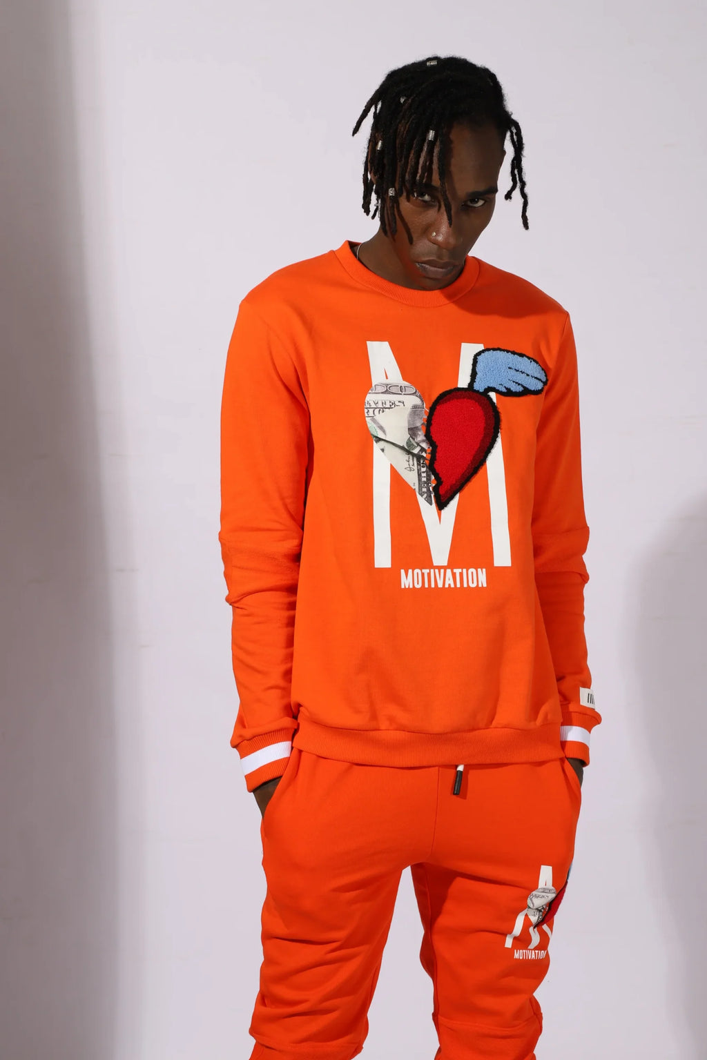 Fifth Loop "Motivation" M &amp; Heart Graphic Embroidery Print Crewneck Sweatshirt