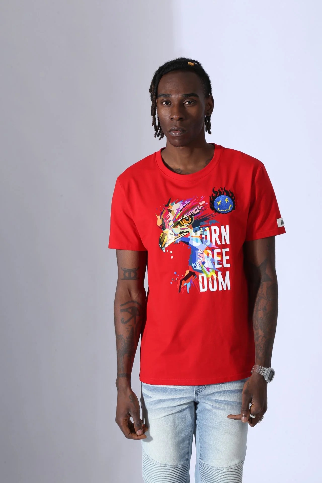 Fifth Loop "Born Freedom" Print Embroidery Crew Neck T-Shirt