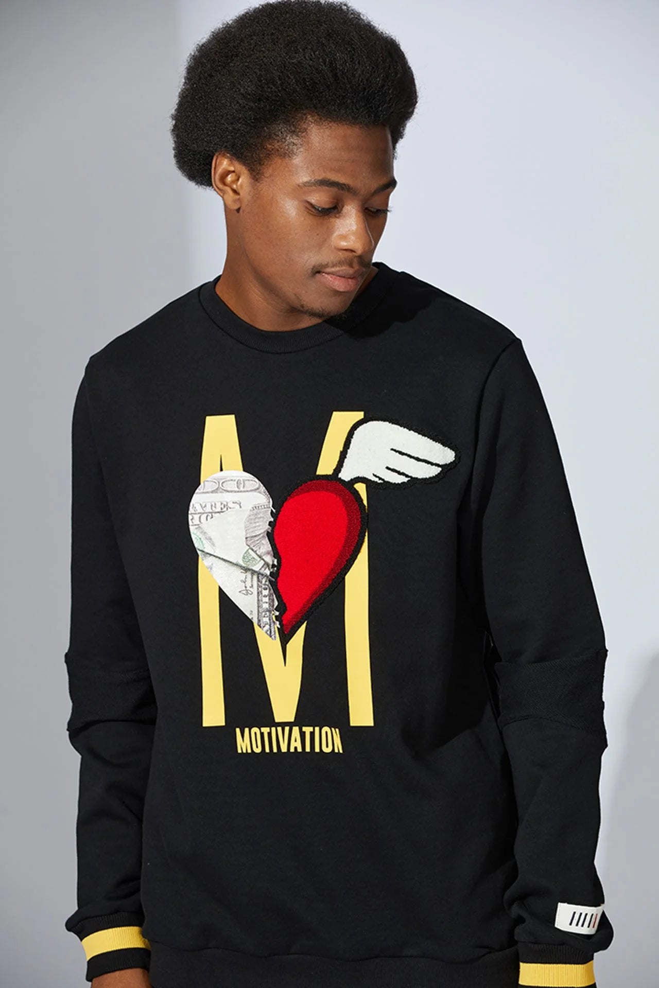 Fifth Loop "Motivation" M &amp; Heart Graphic Embroidery Print Crewneck Sweatshirt