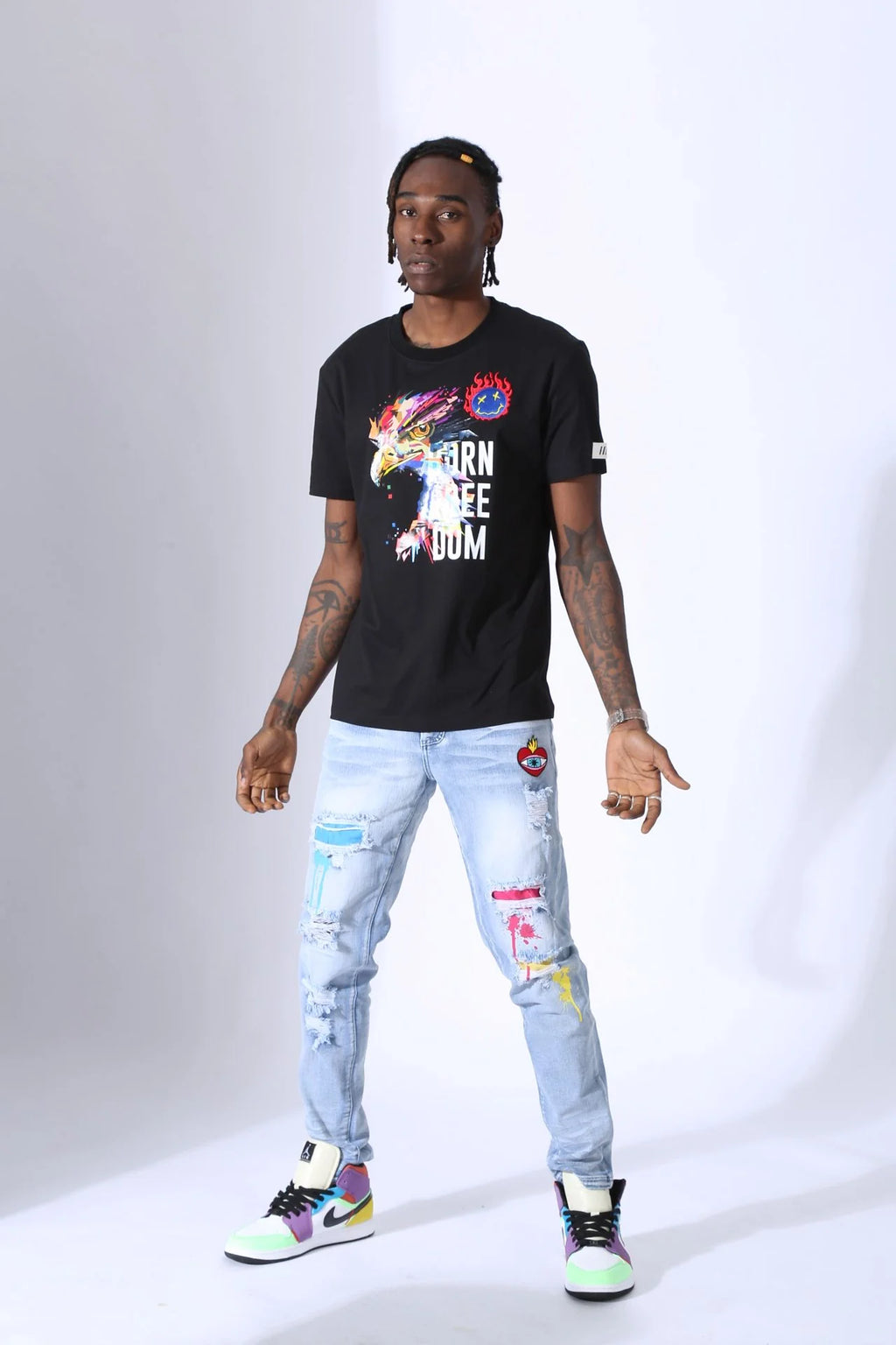 Fifth Loop "Born Freedom" Print Embroidery Crew Neck T-Shirt