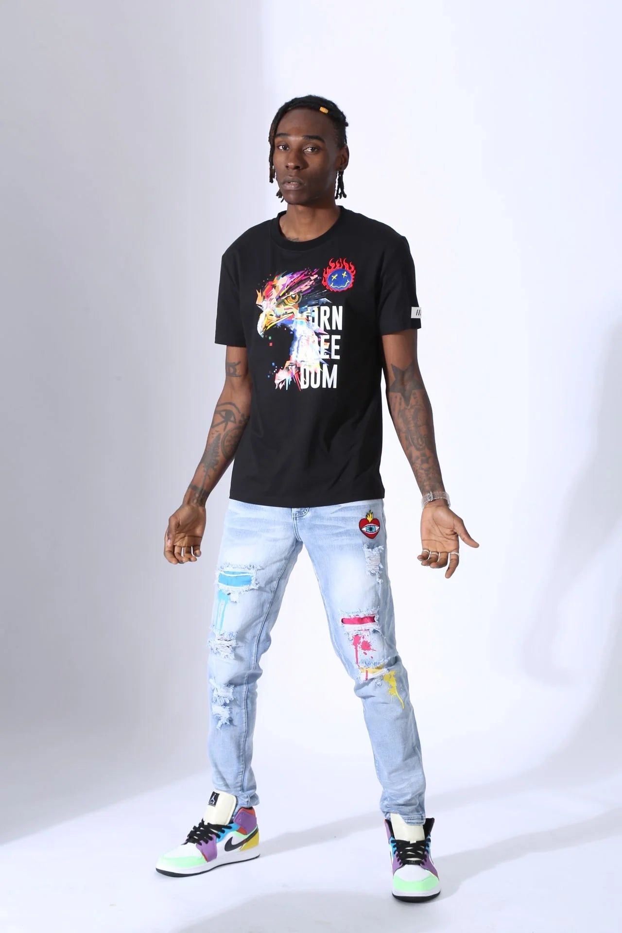 Fifth Loop "Born Freedom" Print Embroidery Crew Neck T-Shirt
