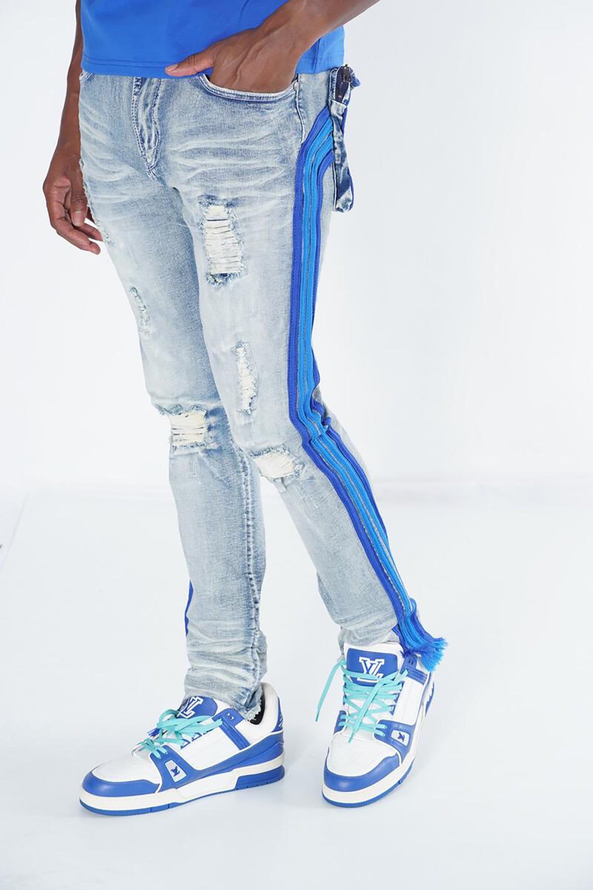 Frost Shredded Jeans W/ Multi - side Taping.