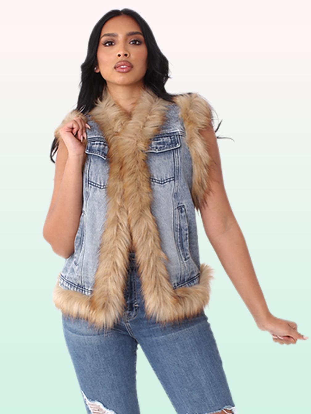 For Her Denim Vest With Fur