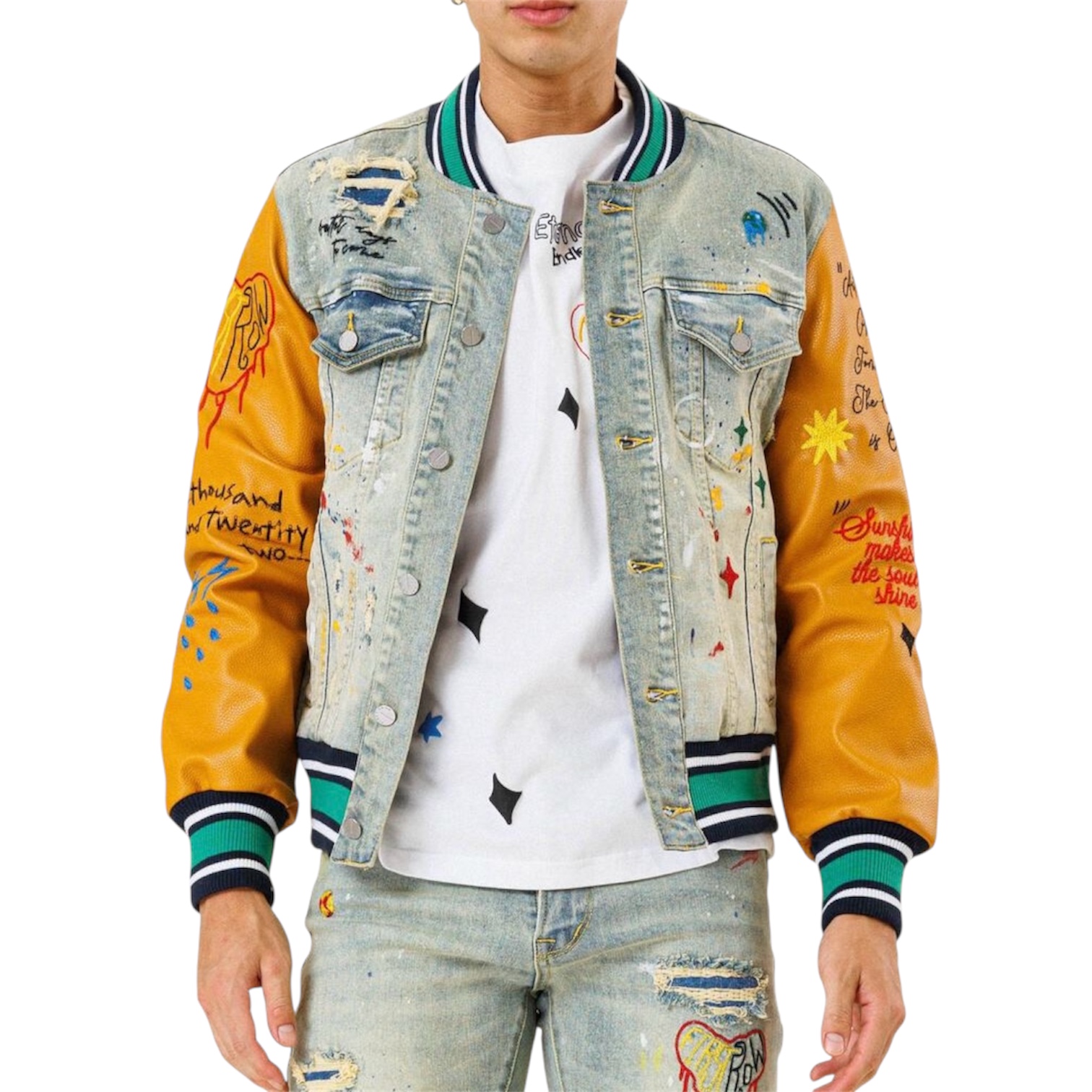All Over Embroidered Varsity Denim Jacket
