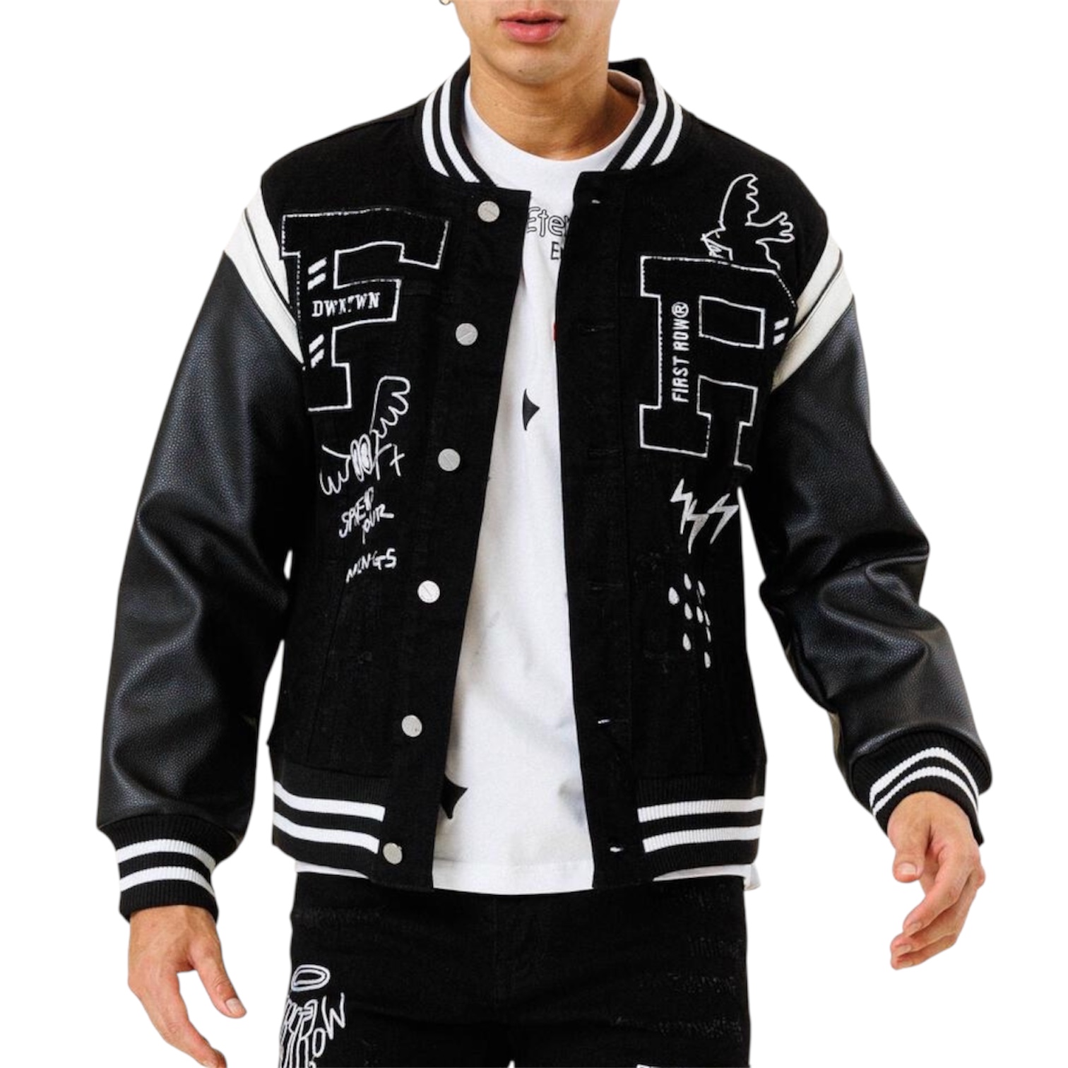 FIRST ROW MULTI PATCH VARSITY DENIM JACKET