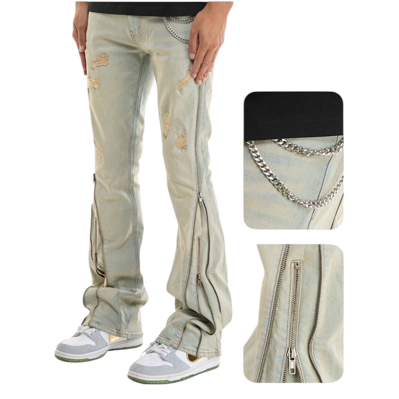 KDNK FLARE ZIPPER DENIM WIRH WALLET CHAIN