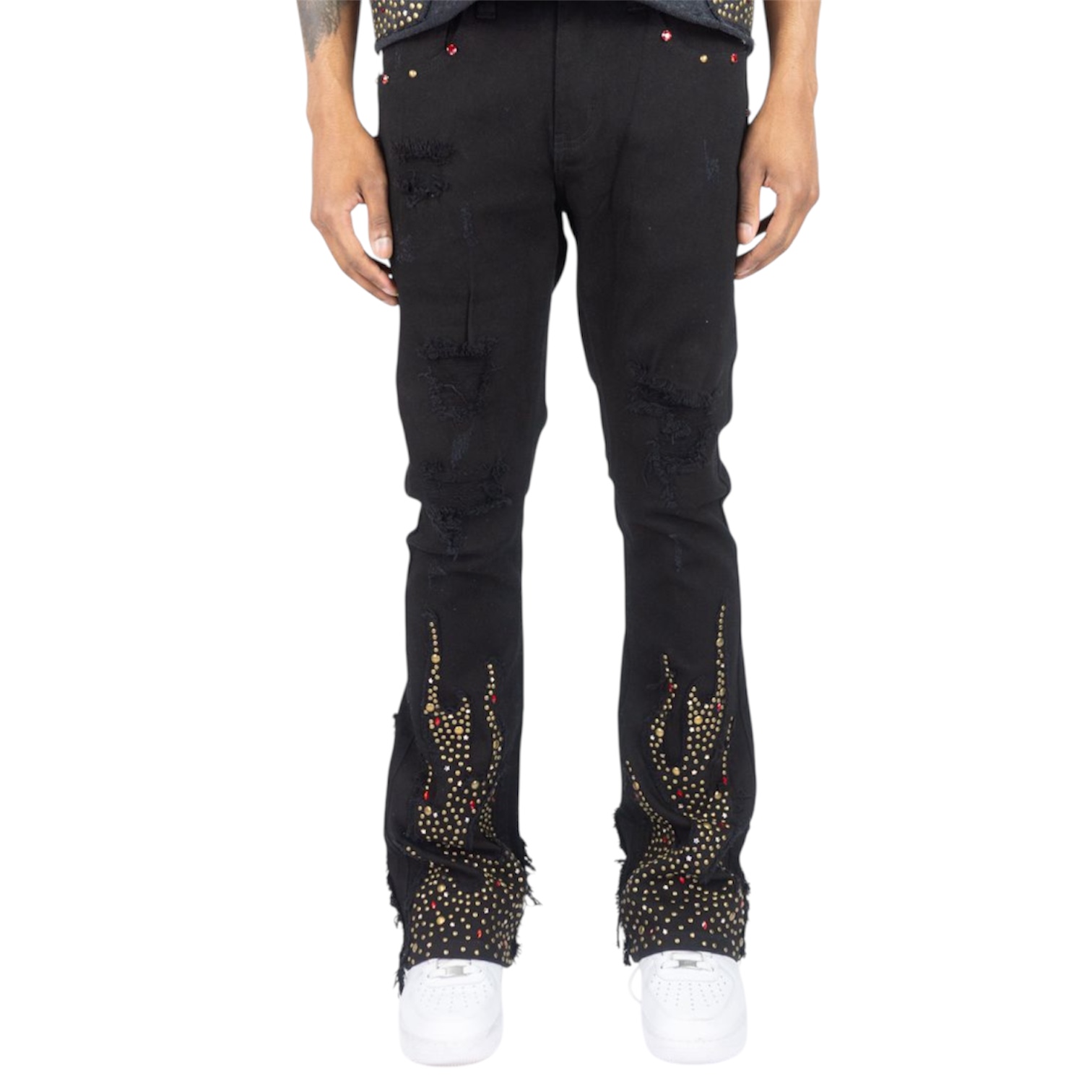 STUDDED FLAME PATCHED STACKED JEANS