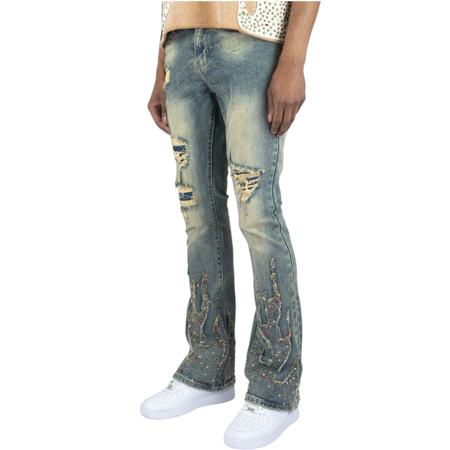 STUDDED FLAME PATCHED STACKED JEANS